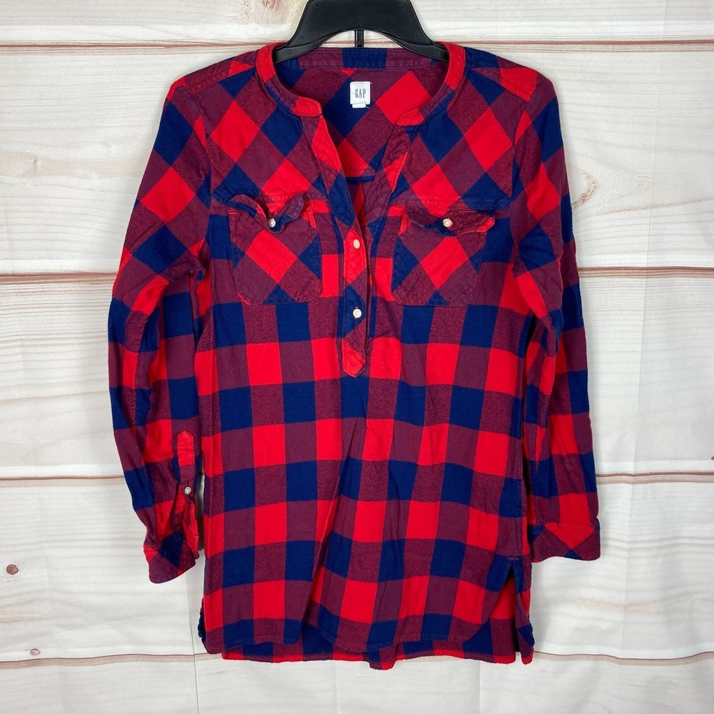 Gap Top Womens S Blue Red Buffalo Plaid Shirt 1/2 Button Pockets Tunic Pullover